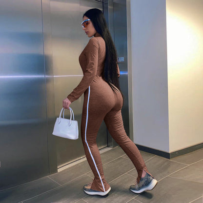 Zipper tight-fitting long sports fitness jumpsuit