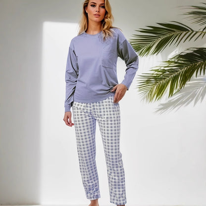 Plaid Printed Pocket Round Neck Long Pajamas Suit