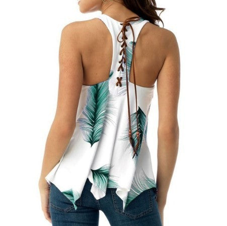 Women's Backless Lace-up Leaf Print Top