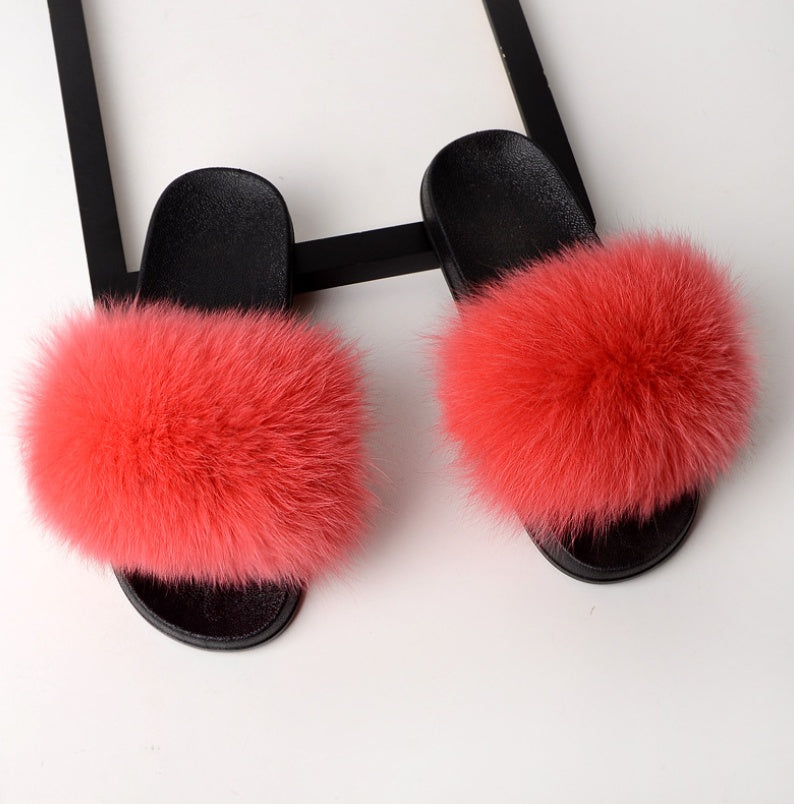Real hair fox fur slippers female summer word drag fur plush shoes outside wearing sandals slip flat bottom