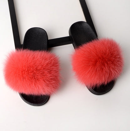 Real hair fox fur slippers female summer word drag fur plush shoes outside wearing sandals slip flat bottom