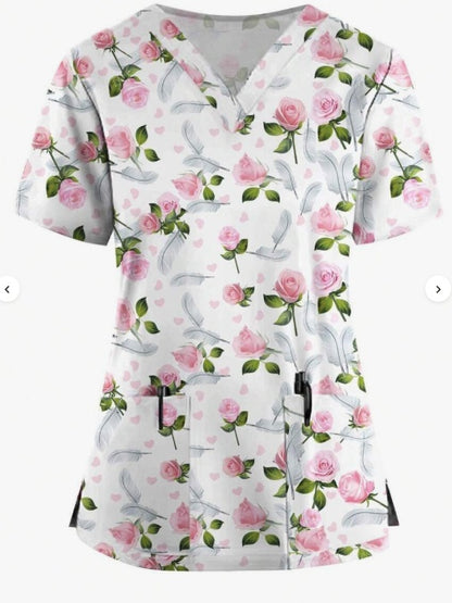 Plus Size Women's Vibrant Print Scrub Top Casual V-Neck Short Sleeve