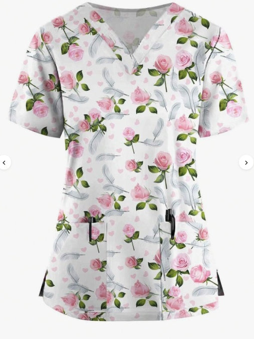 Plus Size Women's Vibrant Print Scrub Top Casual V-Neck Short Sleeve