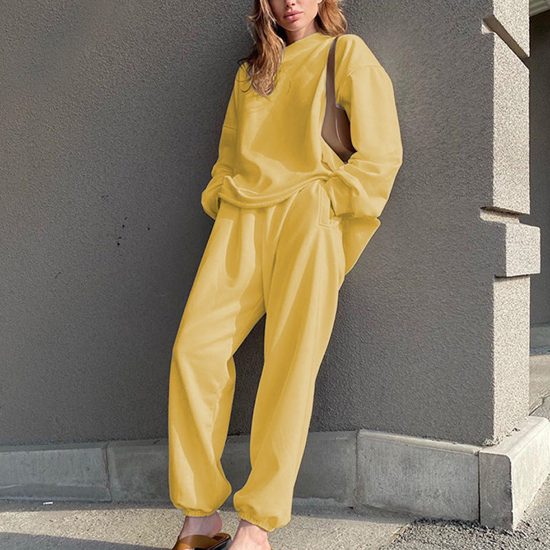 Women's Two Piece Solid Color Loose Long Sleeved Round Neck Sweater Harem Trousers