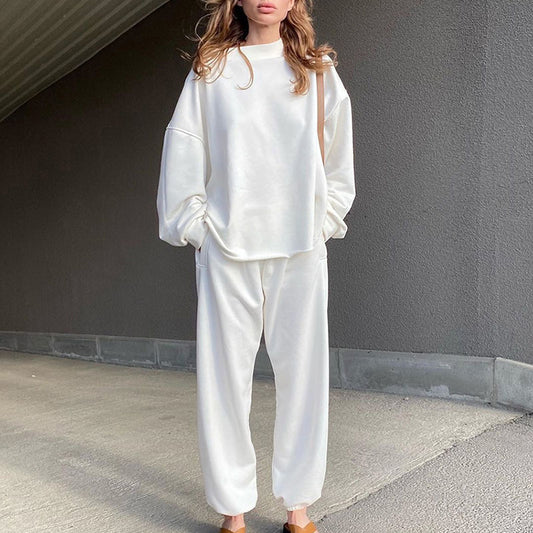 Women's Two Piece Solid Color Loose Long Sleeved Round Neck Sweater Harem Trousers