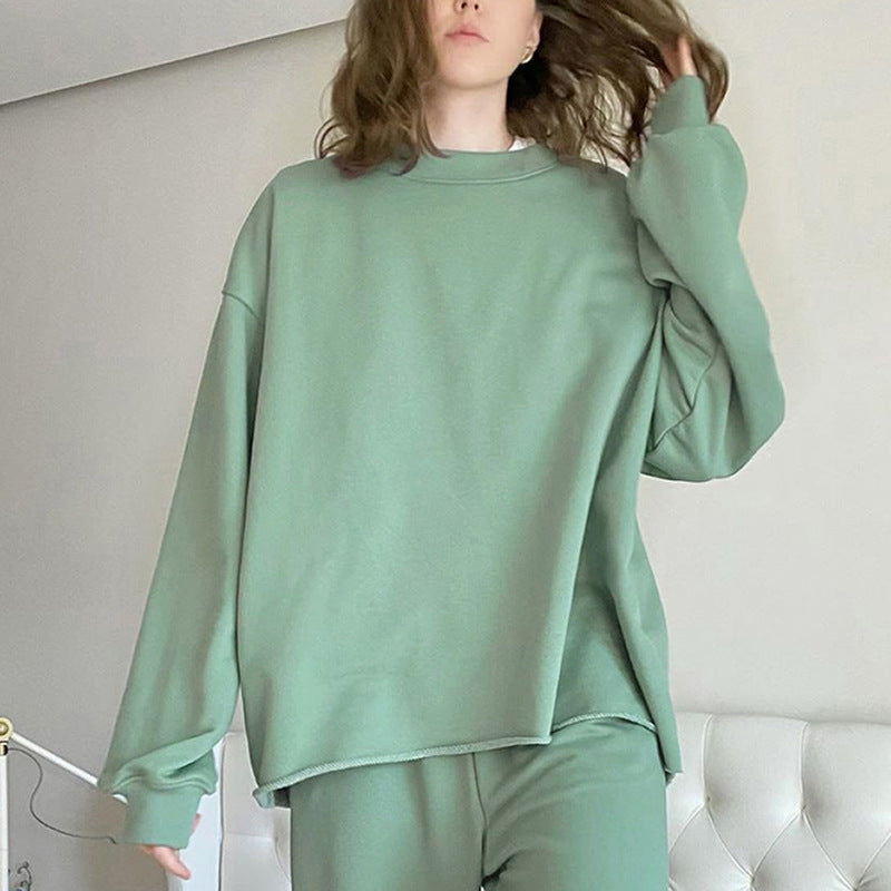 Women's Two Piece Solid Color Loose Long Sleeved Round Neck Sweater Harem Trousers