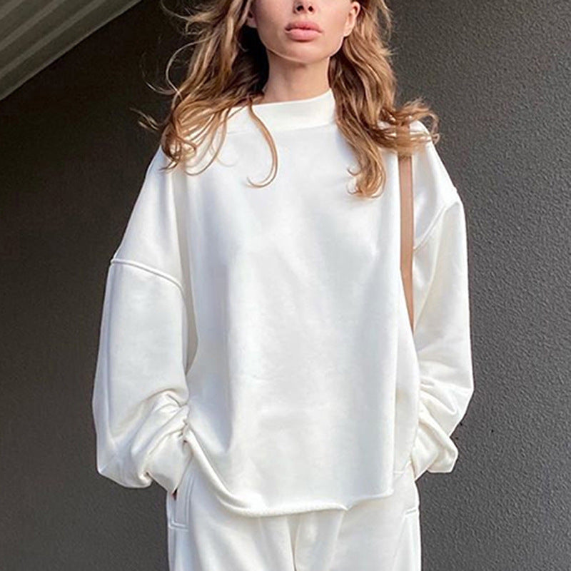 Women's Two Piece Solid Color Loose Long Sleeved Round Neck Sweater Harem Trousers