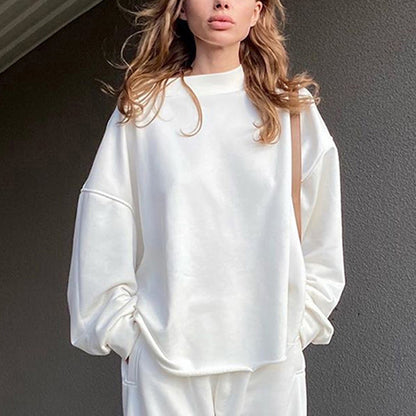 Women's Two Piece Solid Color Loose Long Sleeved Round Neck Sweater Harem Trousers