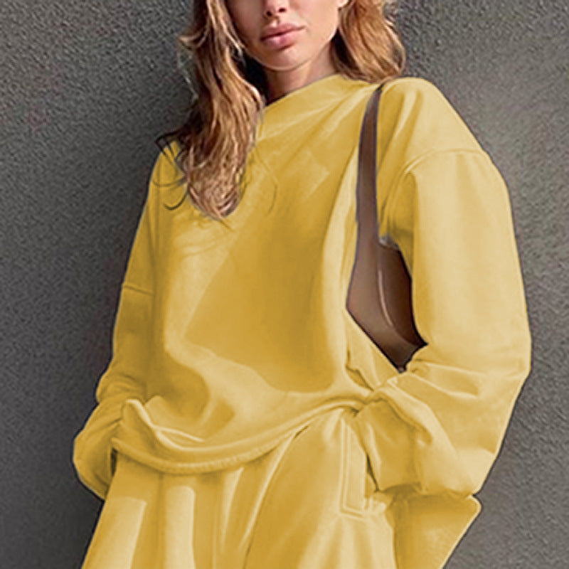 Women's Two Piece Solid Color Loose Long Sleeved Round Neck Sweater Harem Trousers