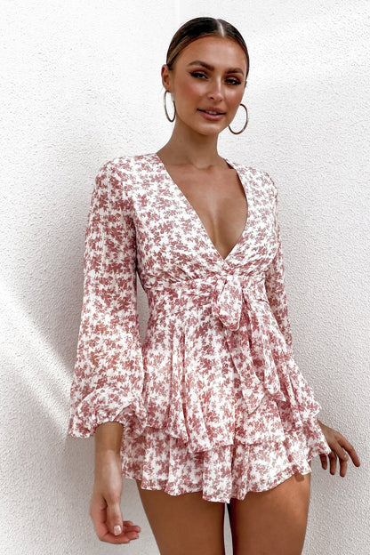 Printed Ruffled Long-Sleeved Sexy V-Neck Jumpsuit