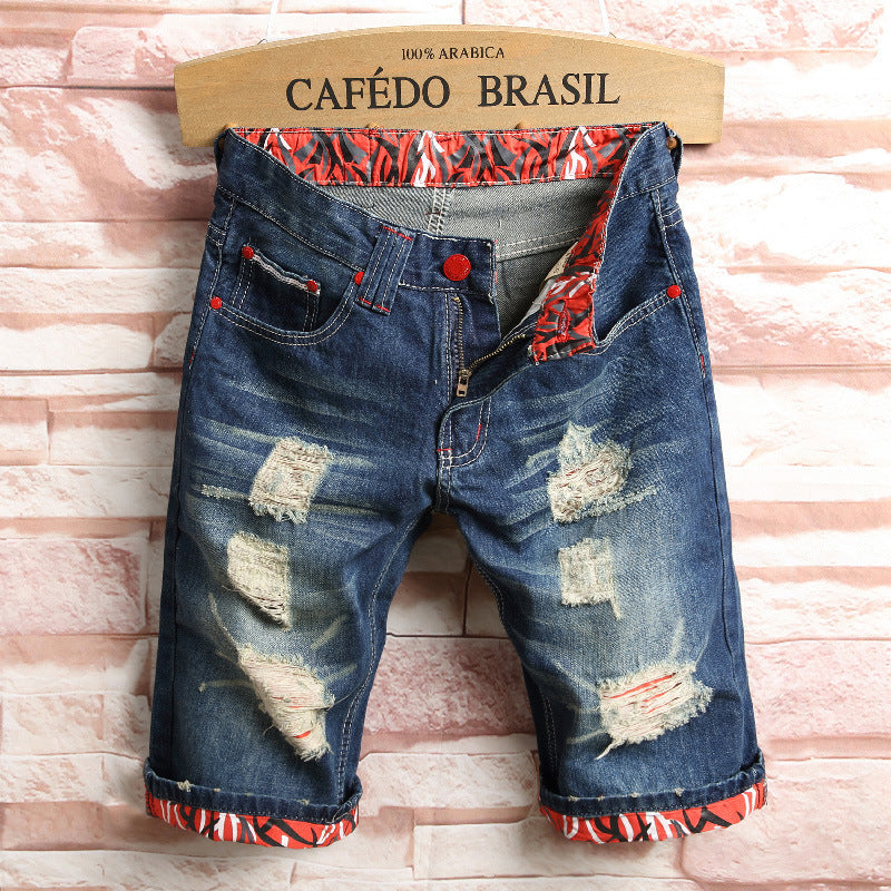 Ripped Denim Shorts Men's Five-Point Pants Slim Straight Leg Pants Trendy Men's Clothing
