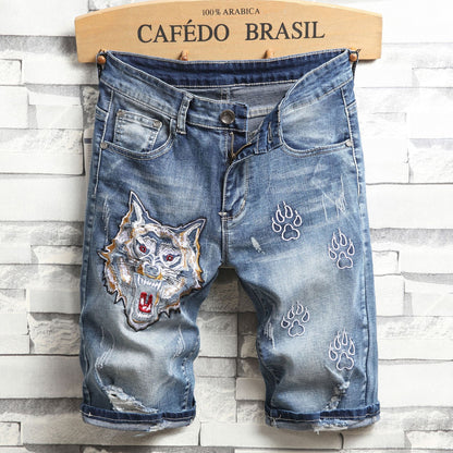 Ripped Denim Shorts Men's Five-Point Pants Slim Straight Leg Pants Trendy Men's Clothing