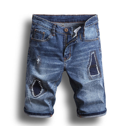 Ripped Denim Shorts Men's Five-Point Pants Slim Straight Leg Pants Trendy Men's Clothing
