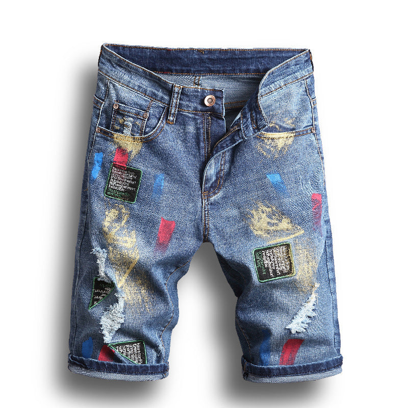Ripped Denim Shorts Men's Five-Point Pants Slim Straight Leg Pants Trendy Men's Clothing