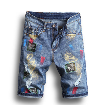 Ripped Denim Shorts Men's Five-Point Pants Slim Straight Leg Pants Trendy Men's Clothing