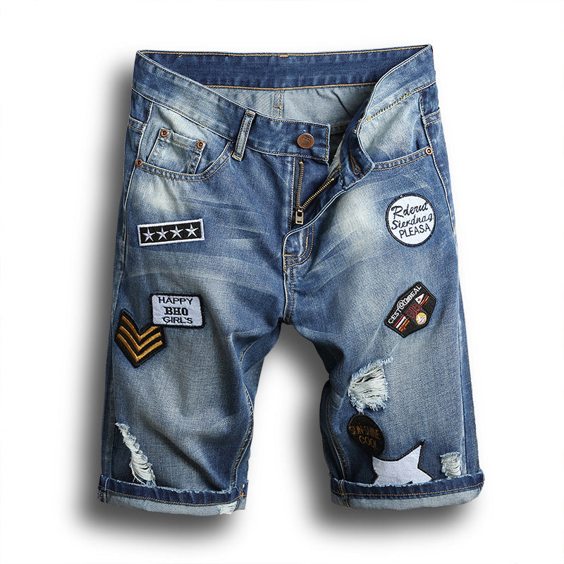 Ripped Denim Shorts Men's Five-Point Pants Slim Straight Leg Pants Trendy Men's Clothing