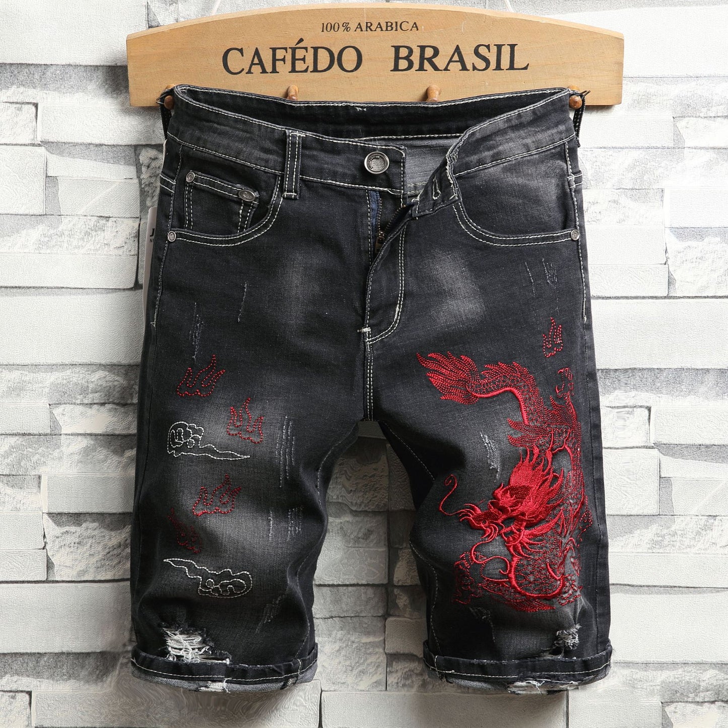 Ripped Denim Shorts Men's Five-Point Pants Slim Straight Leg Pants Trendy Men's Clothing