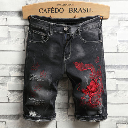 Ripped Denim Shorts Men's Five-Point Pants Slim Straight Leg Pants Trendy Men's Clothing