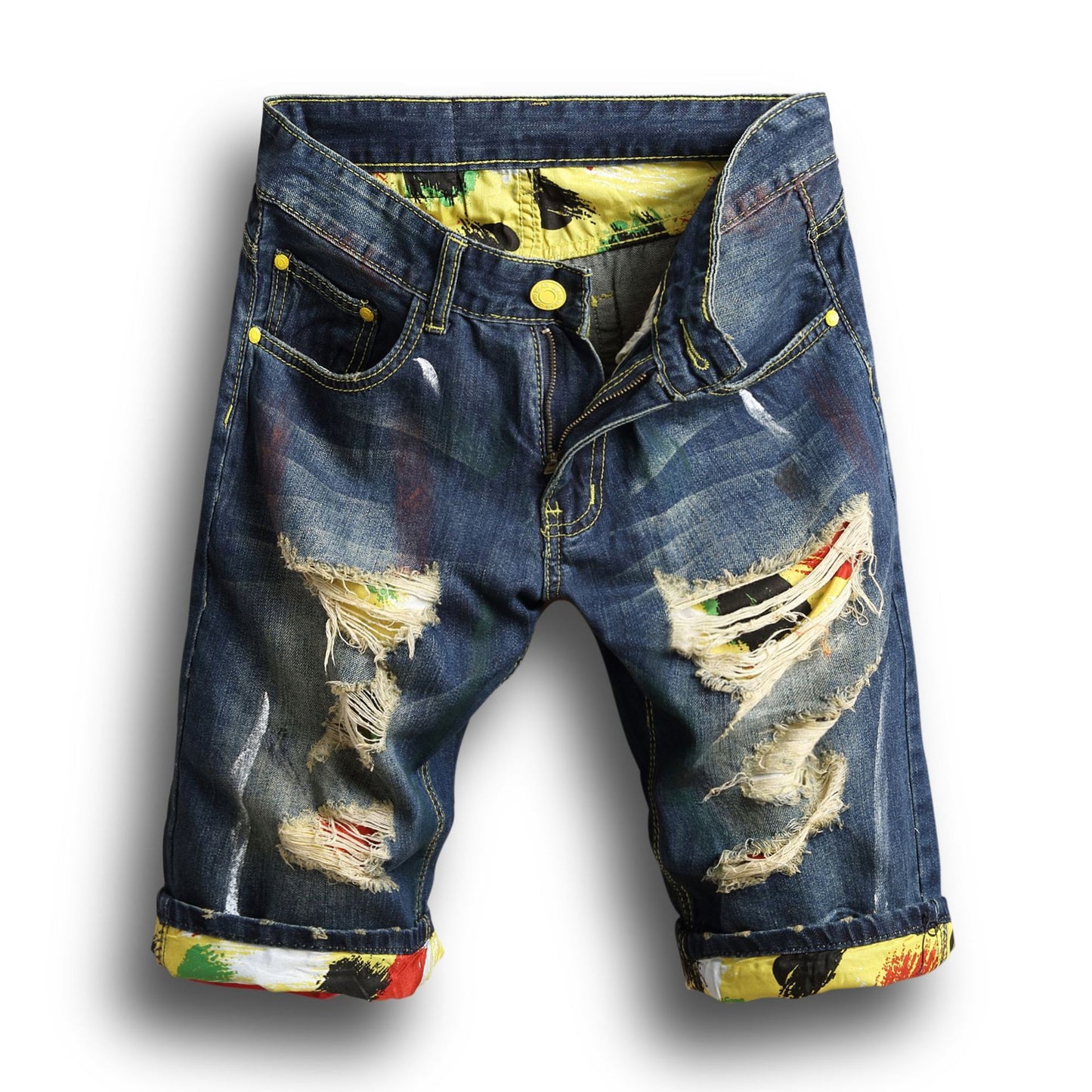 Ripped Denim Shorts Men's Five-Point Pants Slim Straight Leg Pants Trendy Men's Clothing