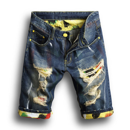 Ripped Denim Shorts Men's Five-Point Pants Slim Straight Leg Pants Trendy Men's Clothing