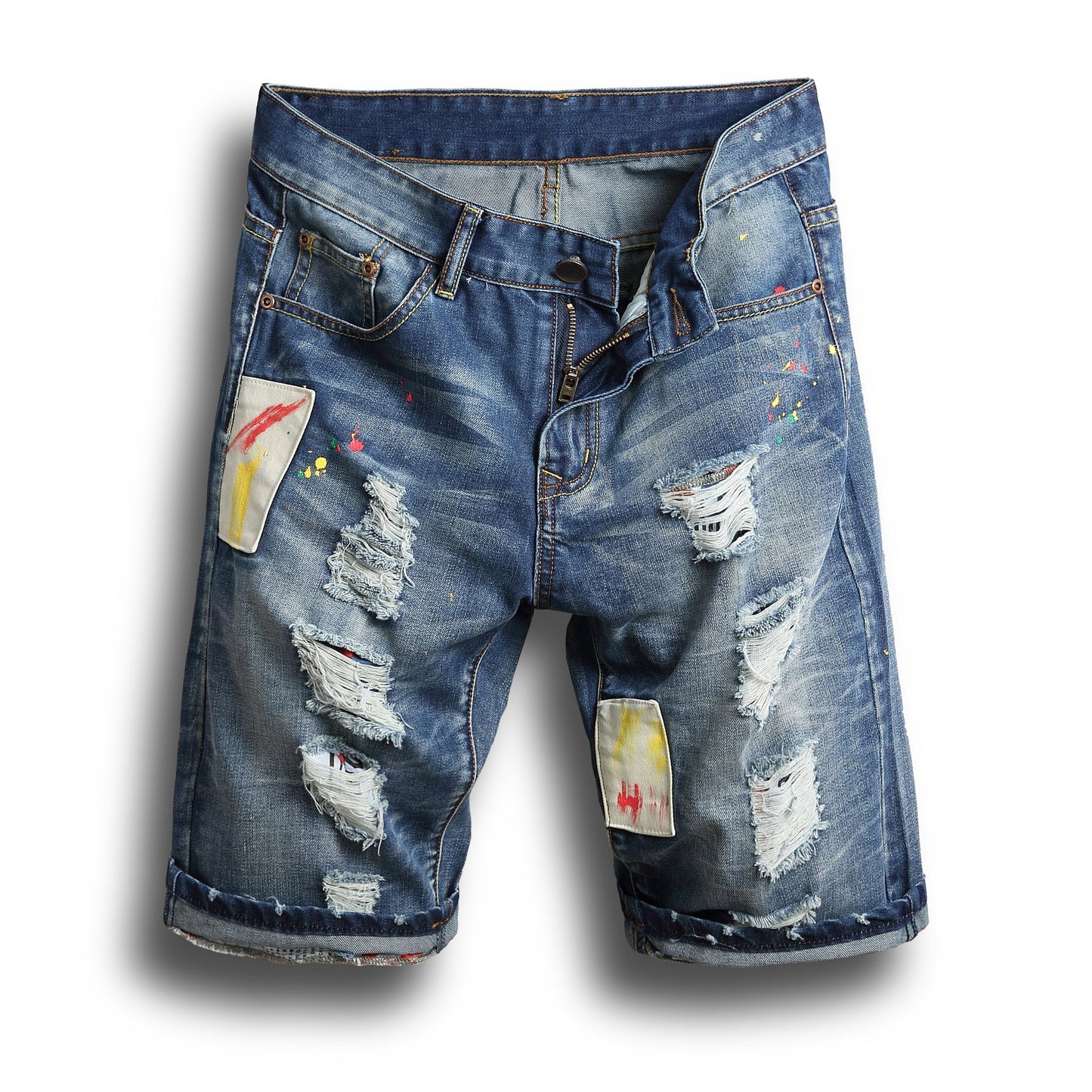 Ripped Denim Shorts Men's Five-Point Pants Slim Straight Leg Pants Trendy Men's Clothing