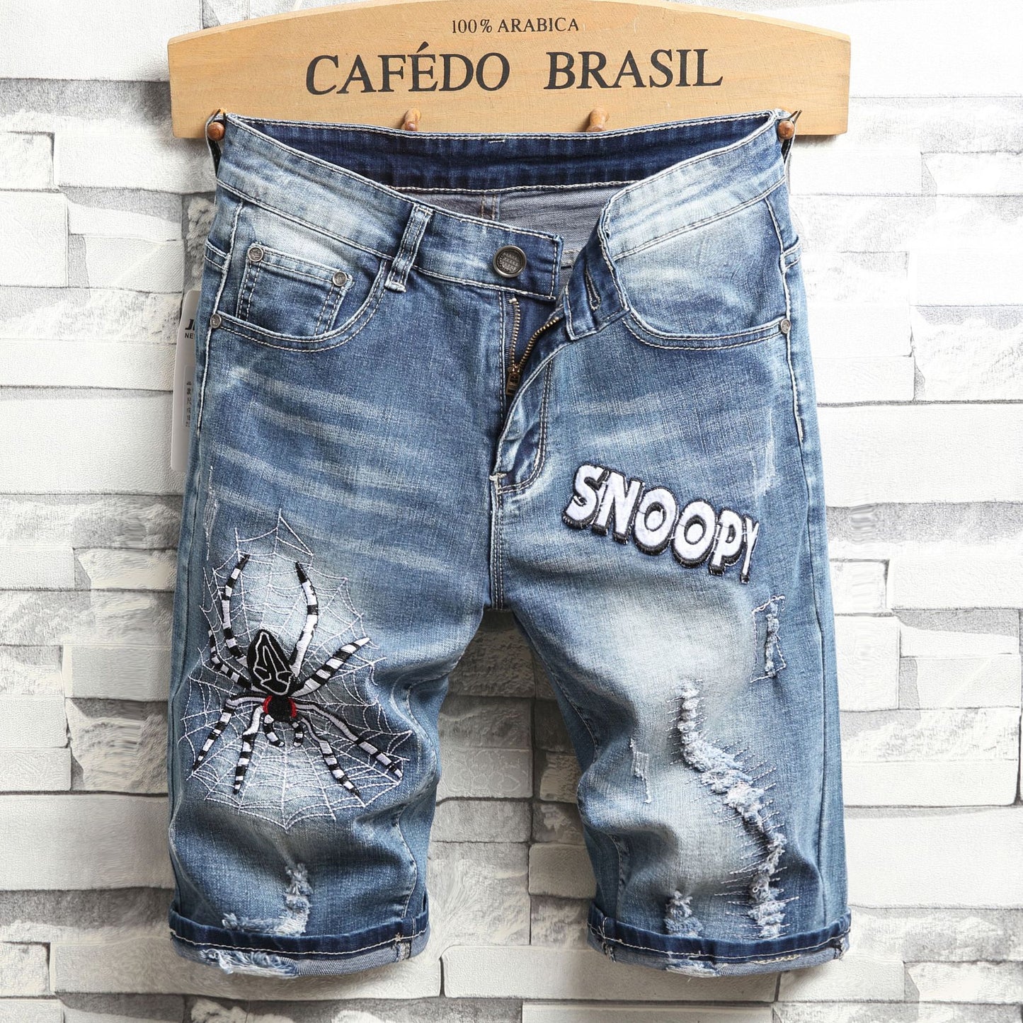 Ripped Denim Shorts Men's Five-Point Pants Slim Straight Leg Pants Trendy Men's Clothing