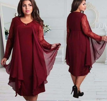 Chiffon Stitching Lace Long-Sleeved Fat MM Plus Size Mid-Length Dress
