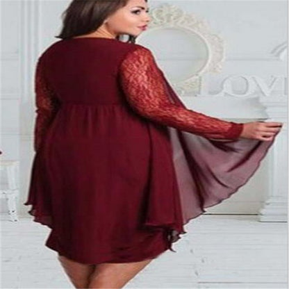Chiffon Stitching Lace Long-Sleeved Fat MM Plus Size Mid-Length Dress