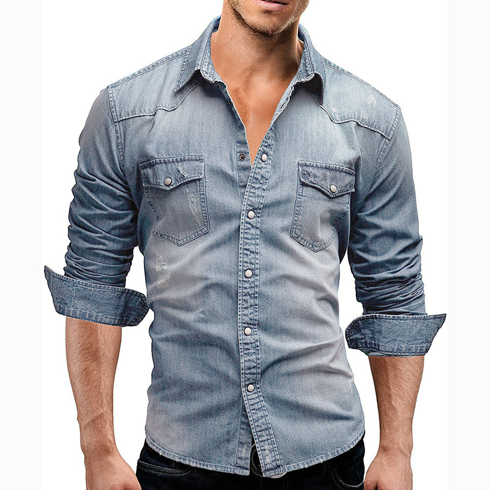 Men's Two-pocket Casual Long-sleeved Denim Shirt