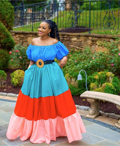 Long One-Shoulder Princess Sleeve Stitching Loose Dress