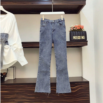 Large Women''s Dress 200 Jin Fat Sister Spring Suit Femininity Waist Shirt High Waist Jeans Two Piece Set