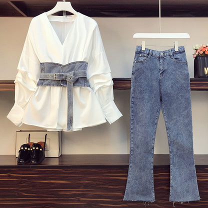 Large Women''s Dress 200 Jin Fat Sister Spring Suit Femininity Waist Shirt High Waist Jeans Two Piece Set