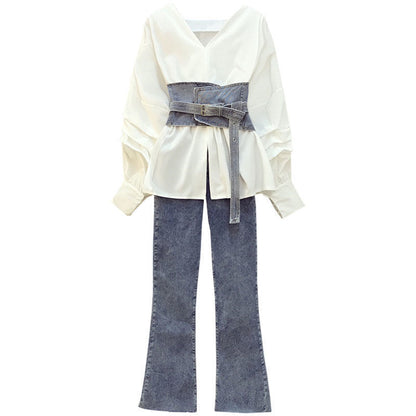 Large Women''s Dress 200 Jin Fat Sister Spring Suit Femininity Waist Shirt High Waist Jeans Two Piece Set