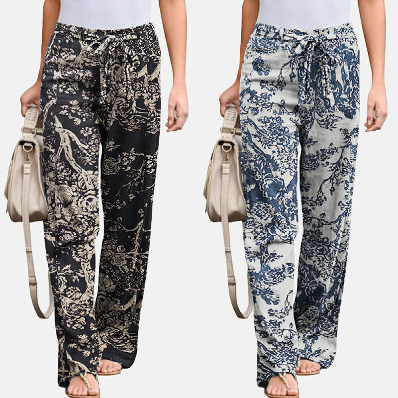 Printed Cotton And Linen Casual And Comfortable Elastic Waist Women's Trousers