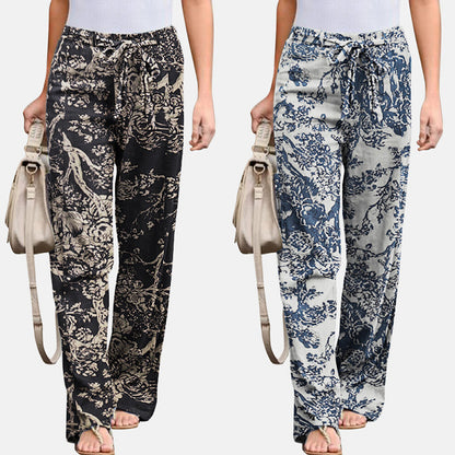 Printed Cotton And Linen Casual And Comfortable Elastic Waist Women's Trousers