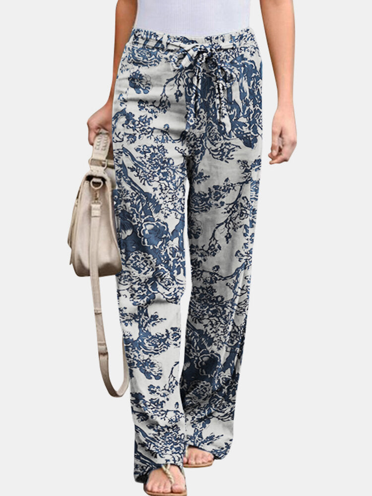 Printed Cotton And Linen Casual And Comfortable Elastic Waist Women's Trousers