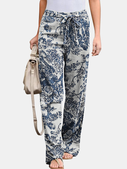 Printed Cotton And Linen Casual And Comfortable Elastic Waist Women's Trousers