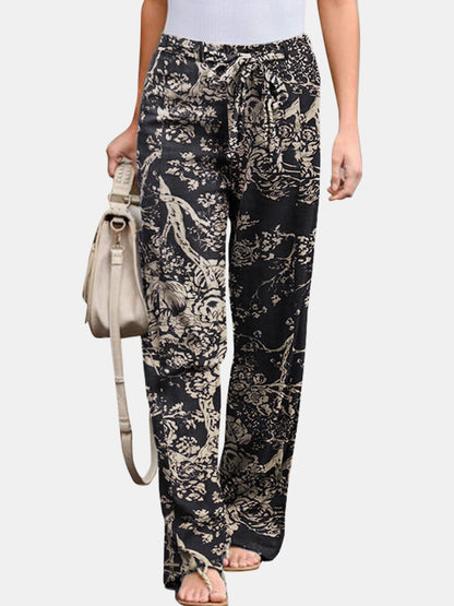 Printed Cotton And Linen Casual And Comfortable Elastic Waist Women's Trousers