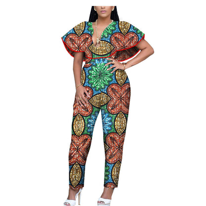 African Ethnic Printing Batik Cotton Plus Size Fashion Jumpsuit