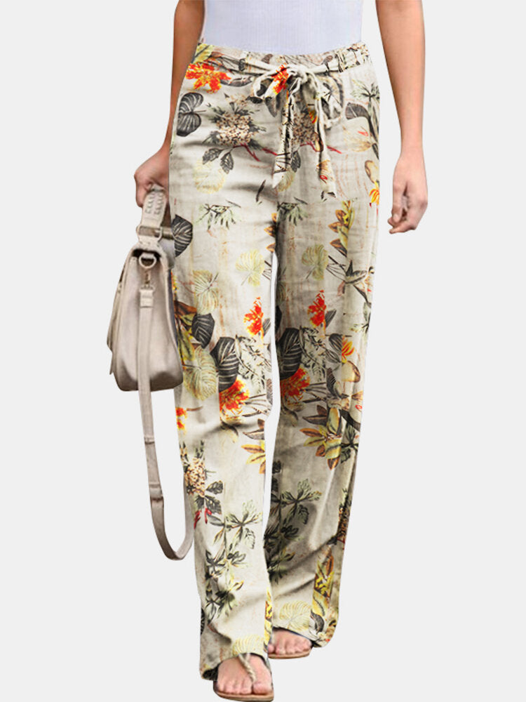 Printed Cotton And Linen Casual And Comfortable Elastic Waist Women's Trousers