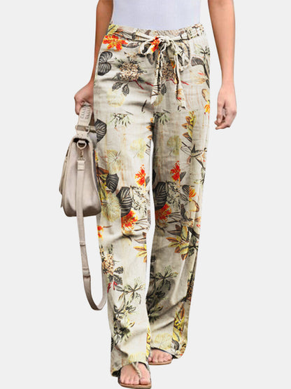 Printed Cotton And Linen Casual And Comfortable Elastic Waist Women's Trousers