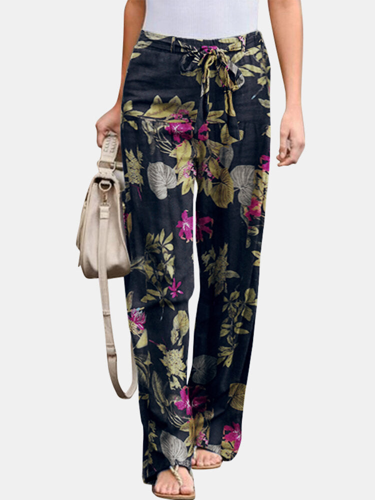 Printed Cotton And Linen Casual And Comfortable Elastic Waist Women's Trousers