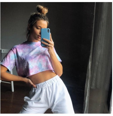 Printed loose short sleeves cropped t-shirt