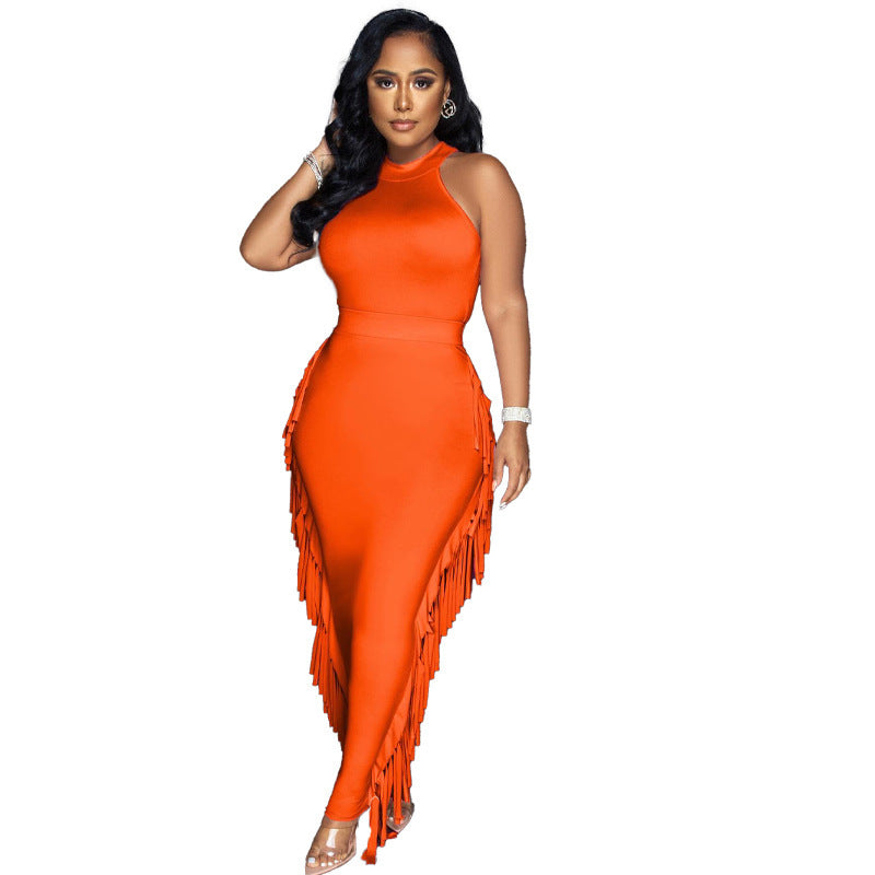Halter Solid Color Tassel Dress Two-piece Set