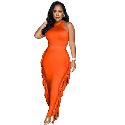 Halter Solid Color Tassel Dress Two-piece Set