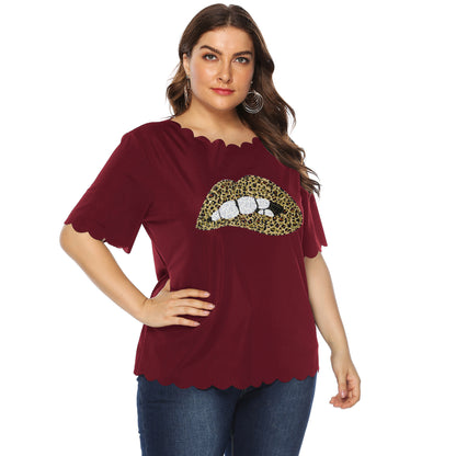 Leopard print lips wavy short sleeve T-shirt
