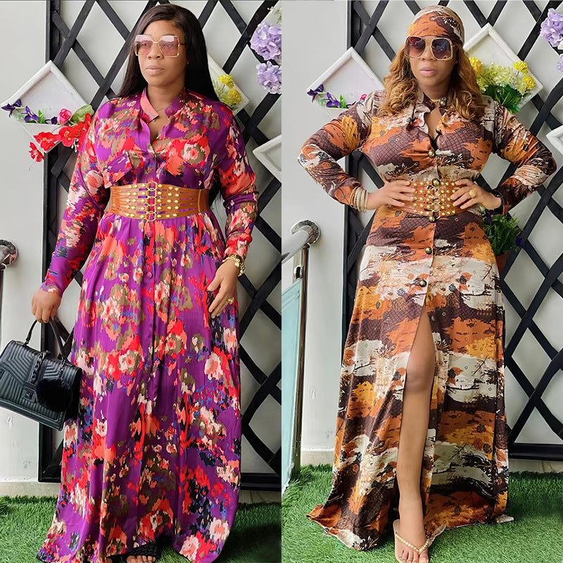 Printed Long Sleeve Wide Belt Dress