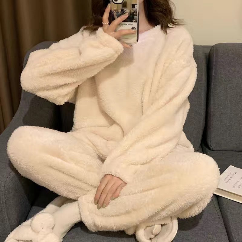 Warm Thickened Velvet Pajamas Fleece-lined Loungewear Women's Suit