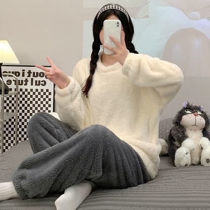 Warm Thickened Velvet Pajamas Fleece-lined Loungewear Women's Suit