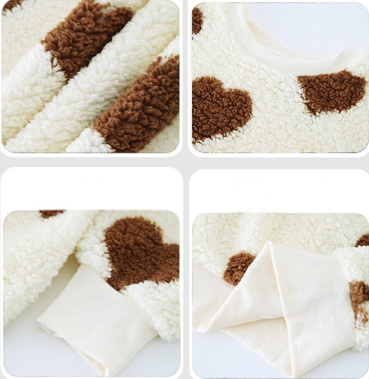 Female Plush Loving Heart Printed Loose Long Sleeves Crew Neck Pullover Sweatshirt